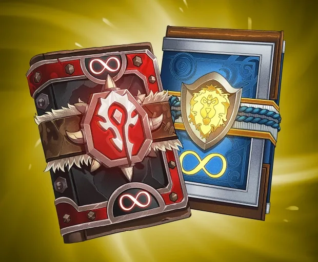 Two illustrated guide books side by side: a red one with the Horde emblem and a blue one with the Alliance lion, each marked with an infinity sign