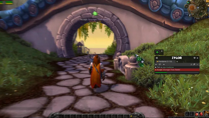 A character on a stone path in World of Warcraft, with Zygor’s small step window at the right edge of the screen