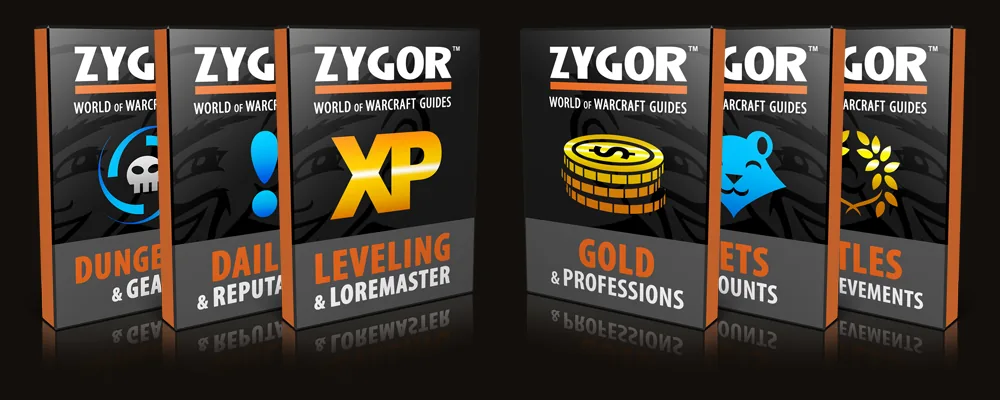 Six Zygor product boxes: Dungeons & Gear, Dailies & Reputation, Leveling & Loremaster, Gold & Professions, Pets & Mounts, Titles & Achievements