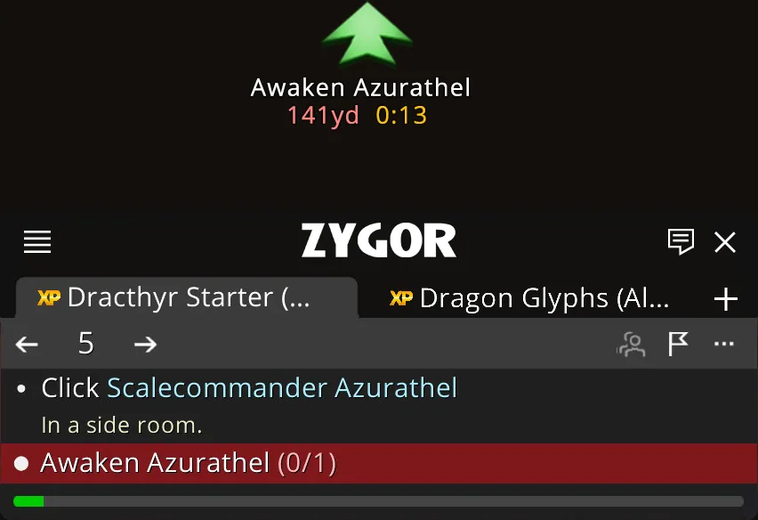 Zygor’s step window up close: an arrow with a distance above two guide tabs, a step number, two steps with one highlighted, and a progress bar