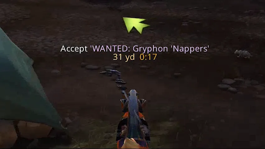 A green arrow above a character in World of Warcraft, over the step “Accept ‘WANTED: Gryphon ’Nappers’” and the distance, 31 yards