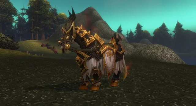 A horse in more ornate, spiked black and gold armor, in the same valley