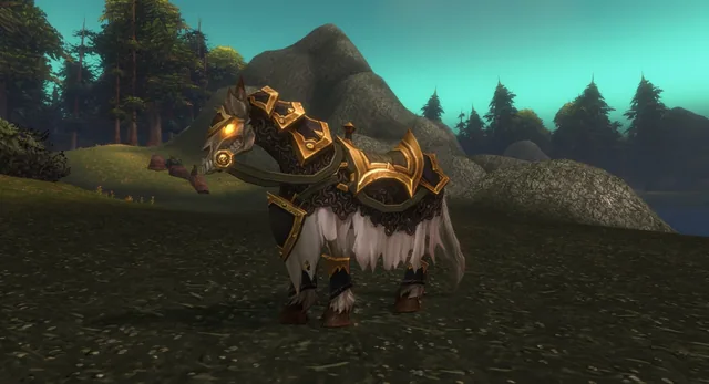 A horse in black and gold armor with white fringes, in a pine valley