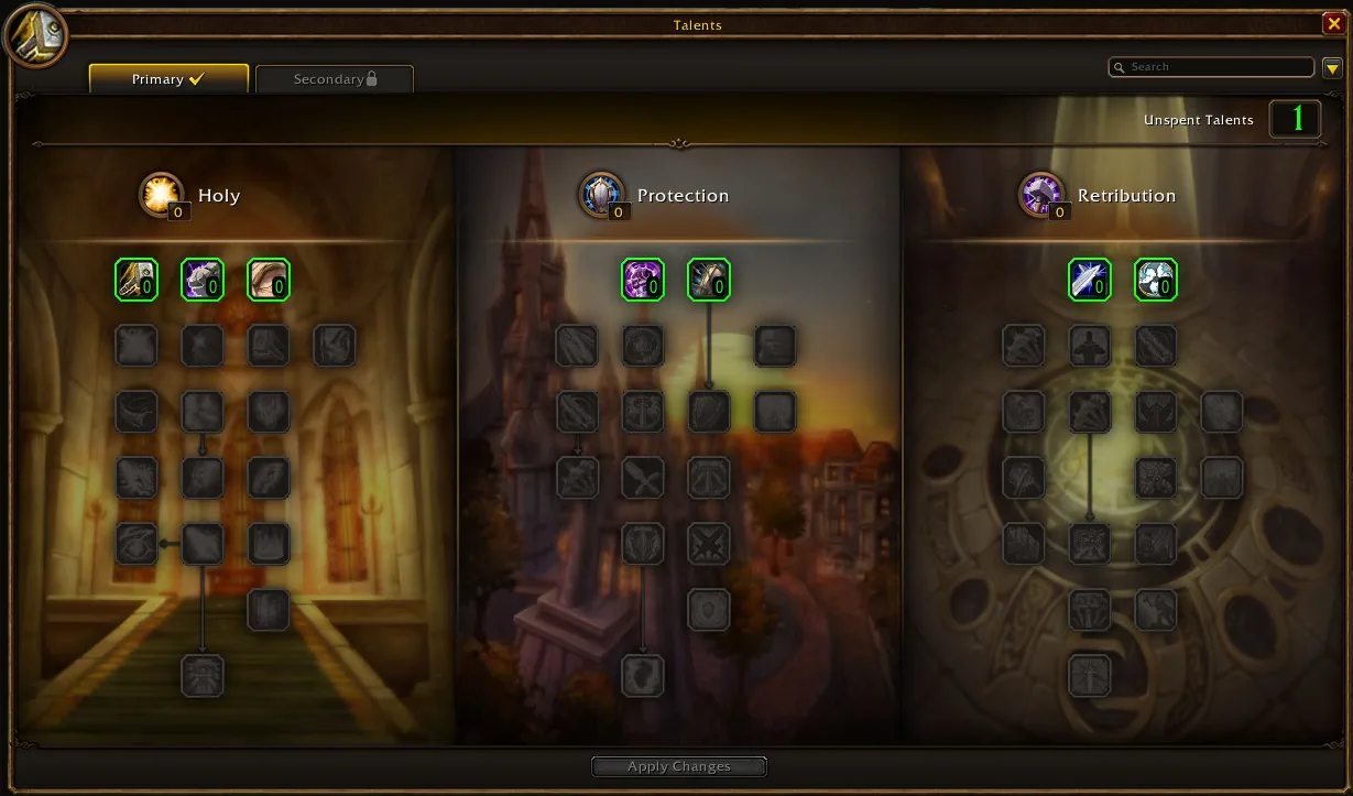 The Paladin talent window with Holy, Protection and Retribution trees, a Primary tab and a locked Secondary tab