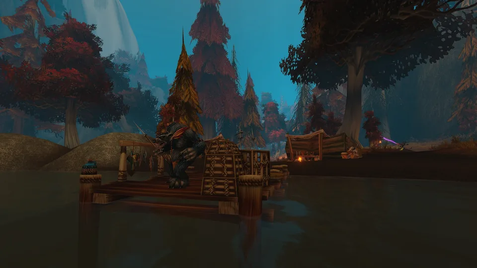 A furbolg on a wooden dock among red autumn trees at Blackmaw Hold in World of Warcraft: Forever