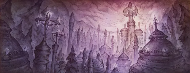Écran de chargement de la cité de Dalaran : des flèches et des dômes violets au-dessus des sapins