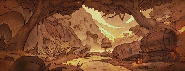 Écran de chargement du donjon Excavations : les Paluns : un chemin de terre sous un grand arbre, un chariot de tonneaux et des ruines de pierre dans les collines