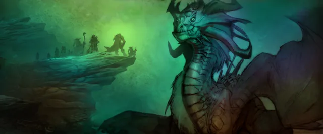 L’écran de chargement du repaire d’Onyxia : le dragon noir Onyxia se dresse au-dessus d’un groupe d’aventuriers sur une falaise