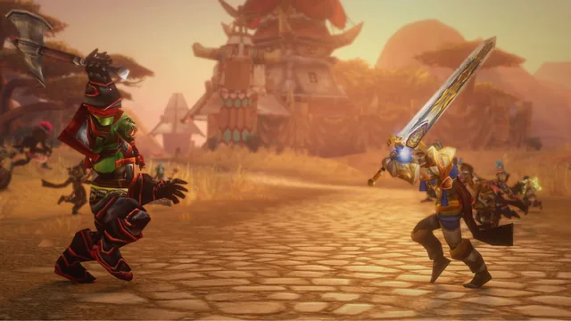Capture de WoW Forever sur la boutique Battle.net : un orc armé d’une hache affronte un combattant de l’Alliance sur une route pavée, au pied d’une tour de la Horde