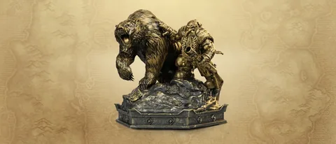 La statue de l’édition Collector : un chasseur nain à côté de son ours, sur un socle rocheux