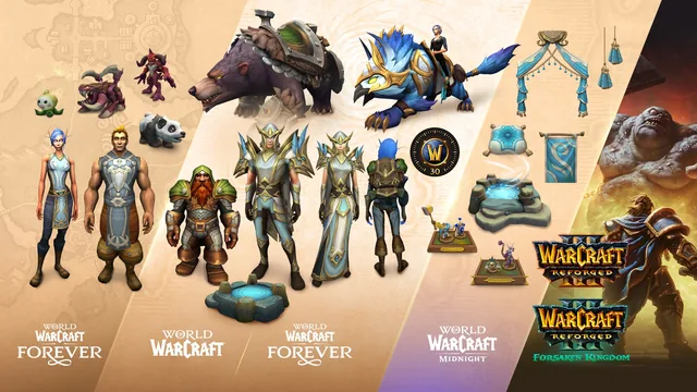 Visuel de la Warcraft Forever Collection sur la boutique Battle.net : les récompenses du pack épique à côté de Warcraft III Reforged et de sa campagne Forsaken Kingdom