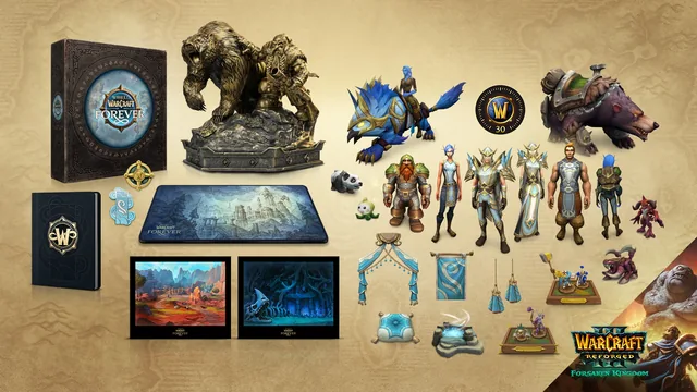 L’édition Collector de WoW Forever dans l’annonce de Blizzard : la boîte, la statue du nain et de son ours, des illustrations, un tapis de souris, un journal et les récompenses numériques