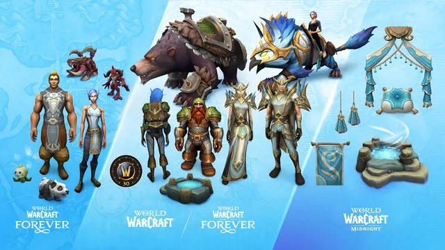 Visuel du pack épique des Éolides sur la boutique Battle.net : deux montures, des ensembles de transmogrification, des mascottes, des tabards et des éléments de décoration