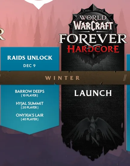 La colonne Hiver de la feuille de route de WoW Forever : les raids ouvrent le 9 décembre, puis le mode Hardcore est lancé (visuel en anglais)