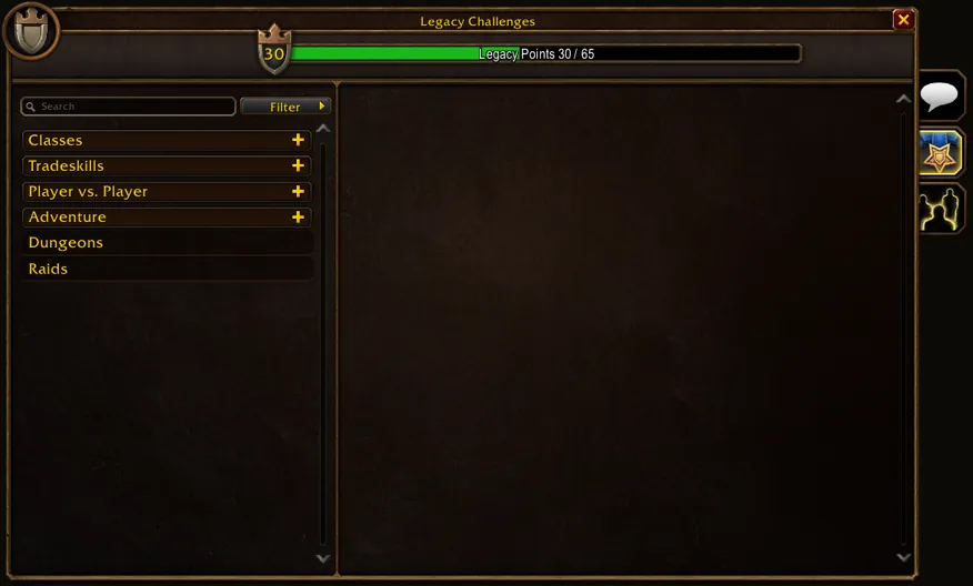 The Legacy Challenges window in World of Warcraft: Forever with six challenge categories