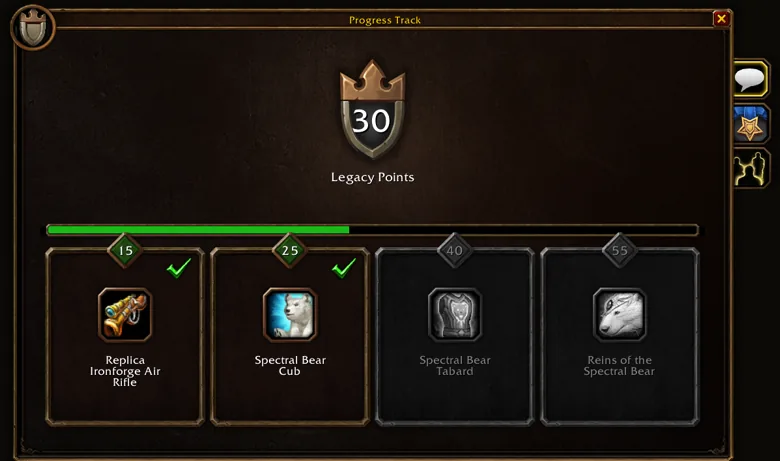 The Legacy reward track with rewards at 15, 25, 40 and 55 Legacy Points
