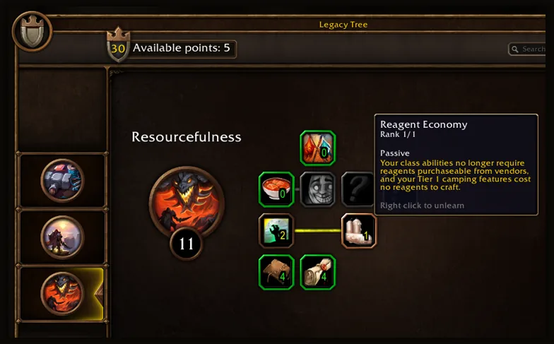 The Resourcefulness Legacy tree with the Reagent Economy tooltip in World of Warcraft: Forever