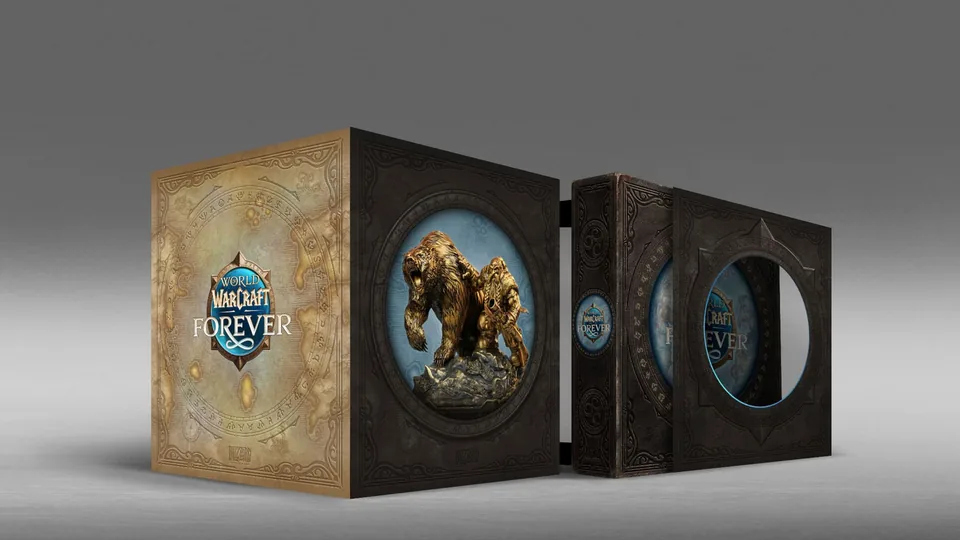 Le coffret de l’édition Collector de WoW Forever et sa statue de nain accompagné d’un ours