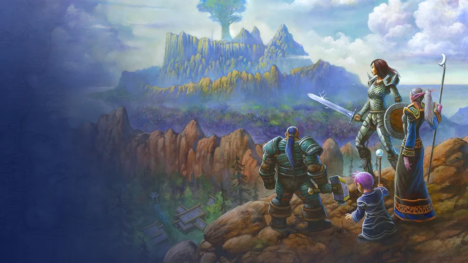 Une illustration peinte : quatre aventuriers sur une falaise regardent une montagne couronnée d’un arbre immense