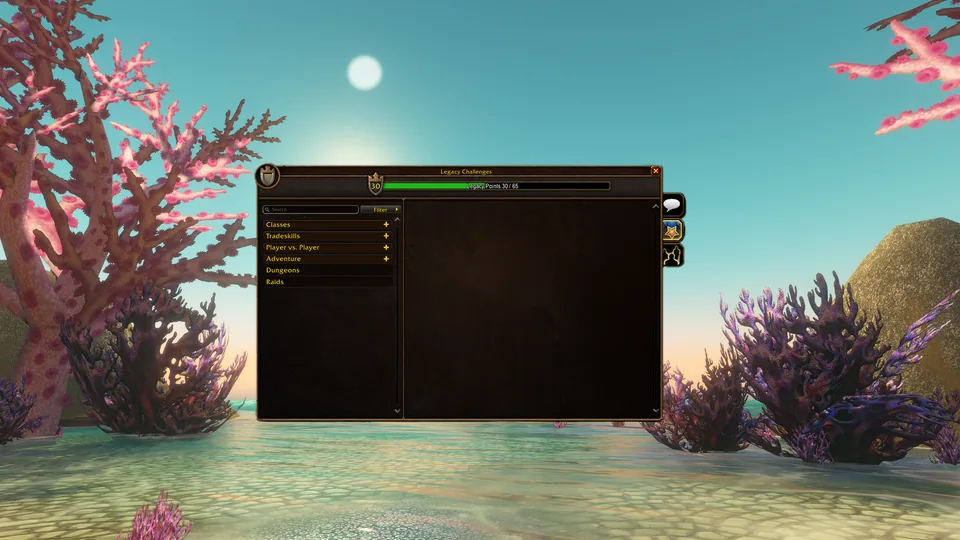 La fenêtre des défis d’héritage de WoW Forever, avec ses catégories et la barre des points d’héritage (capture en anglais)
