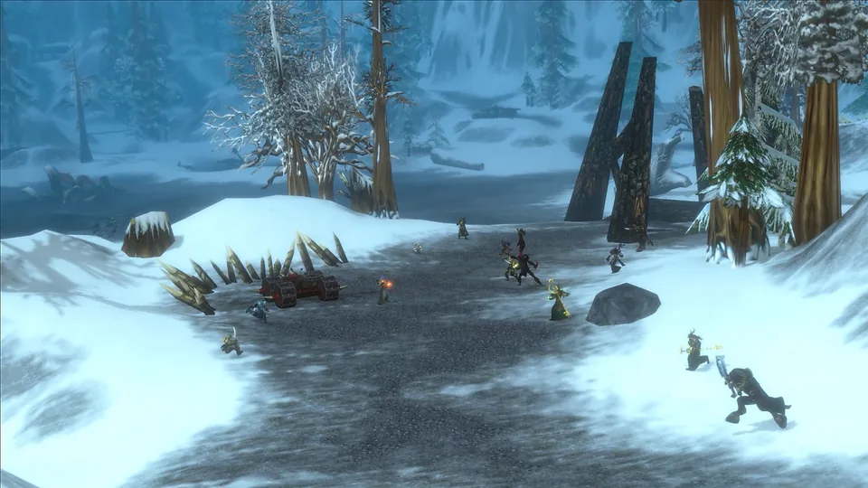Horde and Alliance players clashing on a snowy battlefield in WoW Forever