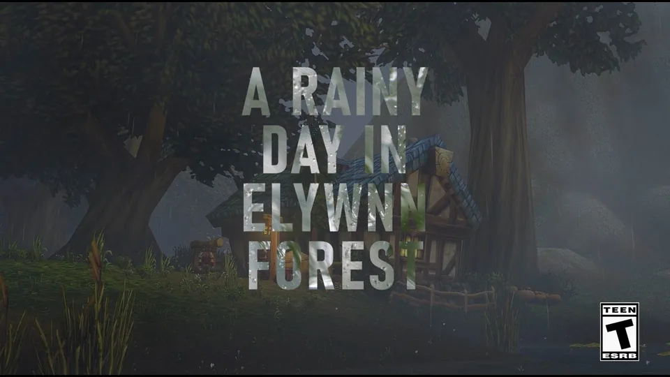 La pluie sur une maison de la forêt d’Elwynn, avec le titre anglais « A Rainy Day in Elwynn Forest »