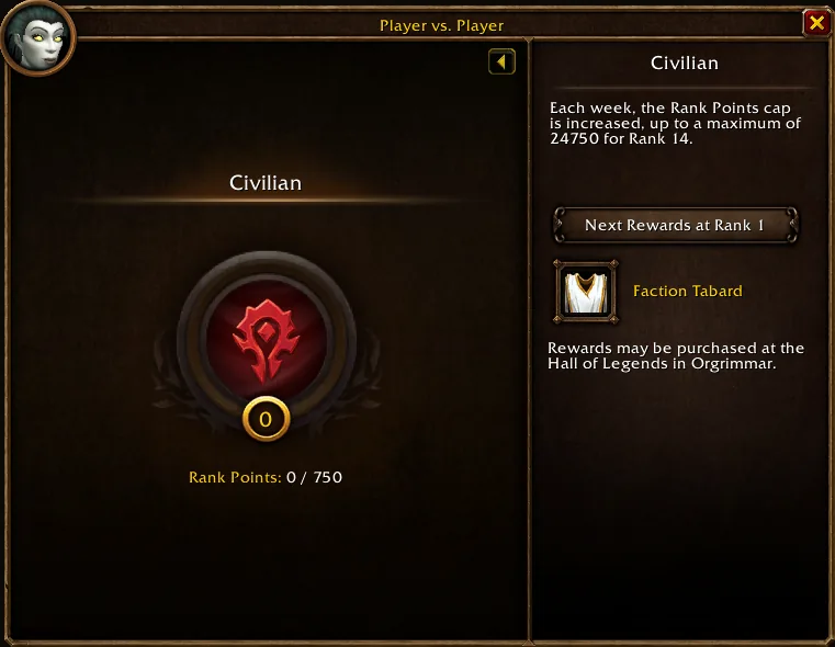 The Player vs. Player tab of the character pane in WoW Forever: rank Civilian, 0 of 750 Rank Points, and the faction tabard as the next reward at rank 1