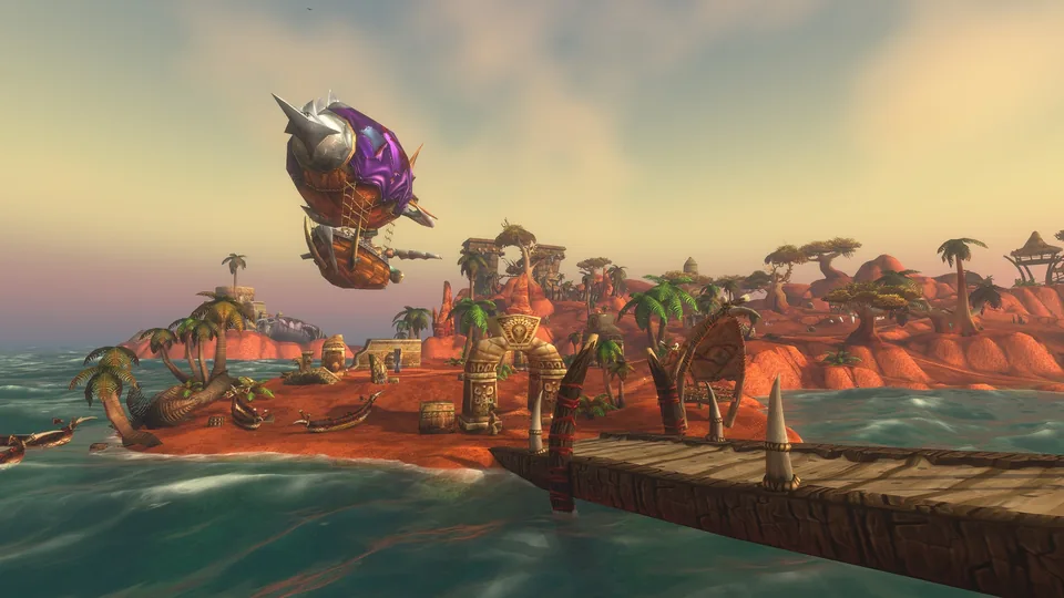 A tropical coast with docks and an airship, from the Darkspear Islands battleground reveal