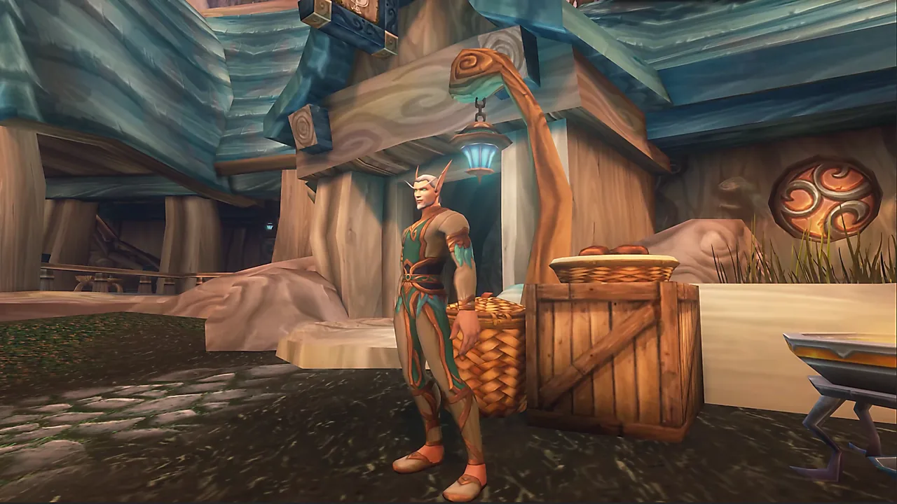 Un personnage éolide dans un village de l’île de Zéphras, dans World of Warcraft: Forever