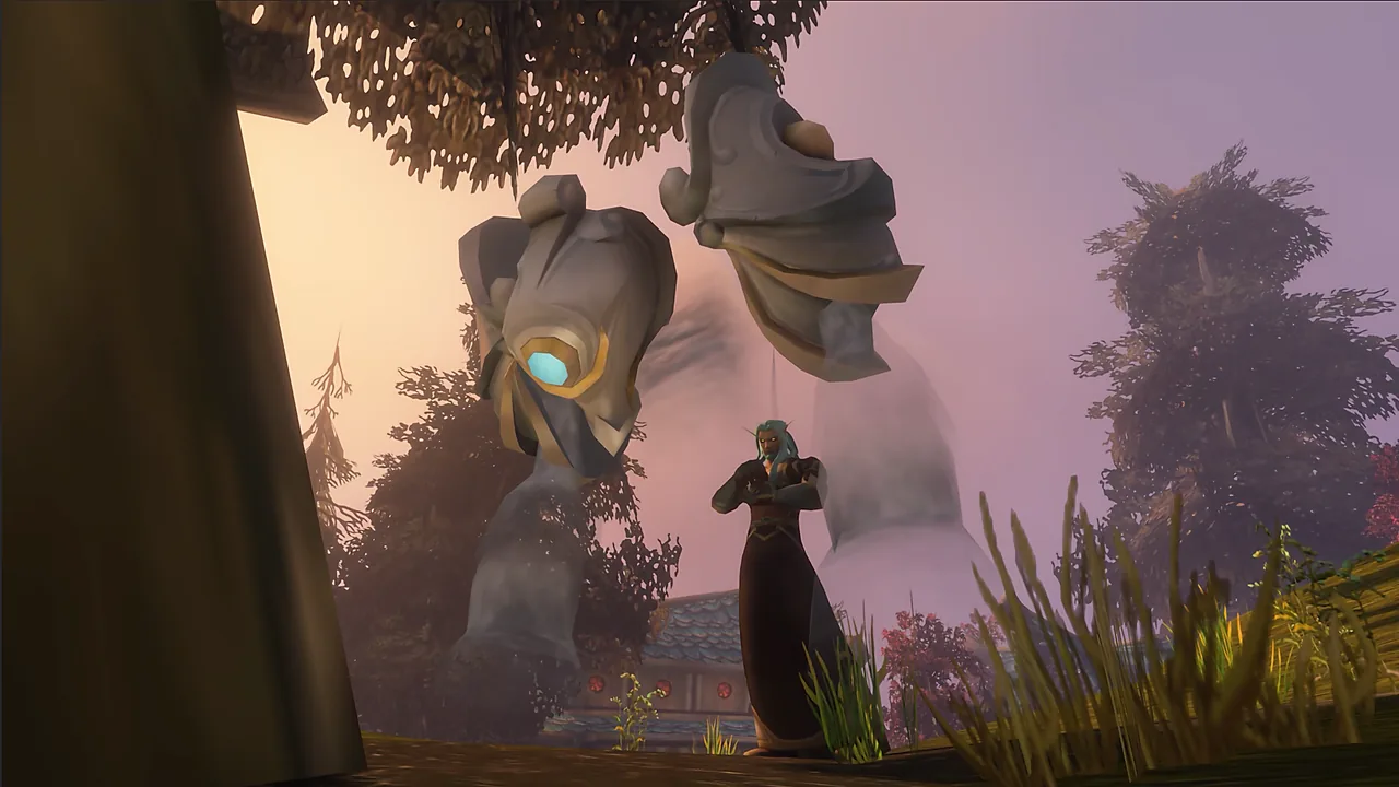Un Éolide debout près de deux gardiens du vent en pierre flottante, sur l’île de Zéphras, dans World of Warcraft: Forever
