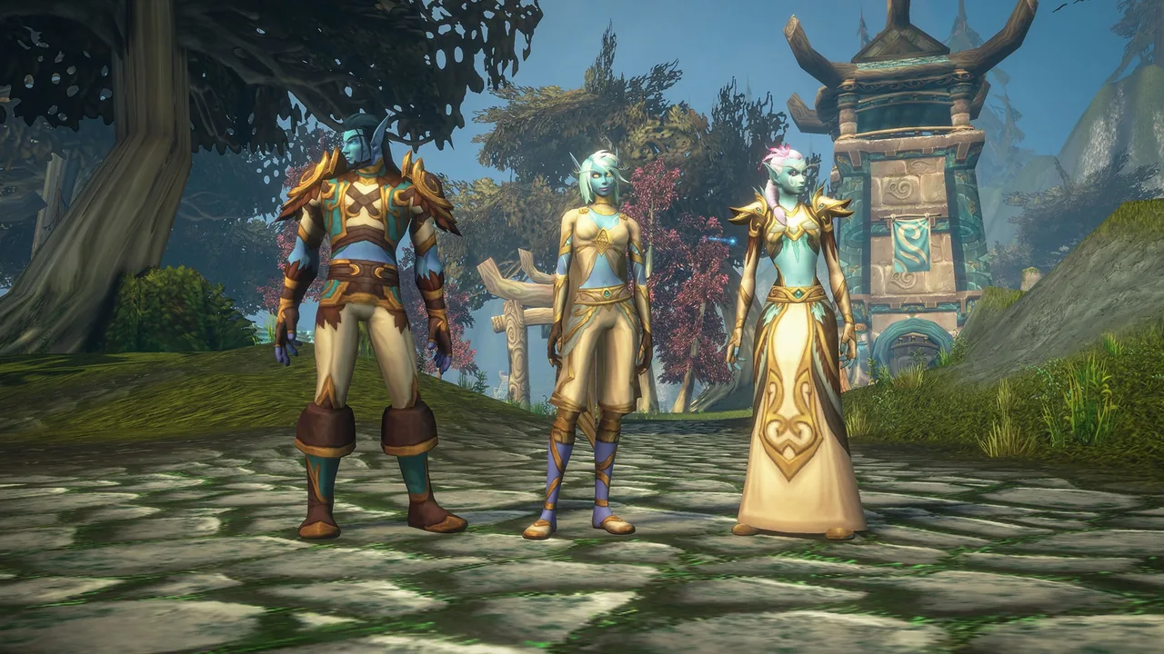 Three Skyborne characters standing in a plaza in World of Warcraft: Forever