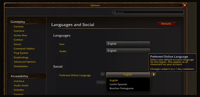 The Preferred Online Language setting in World of Warcraft: Forever with its tooltip