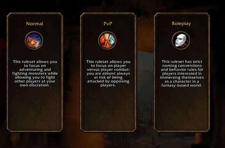 The Normal, PvP and Roleplay ruleset cards in World of Warcraft: Forever