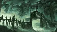 Écran de chargement des ruines de Lordaeron : une grille de fer forgé ouverte sous des arbres morts, dans une brume verte