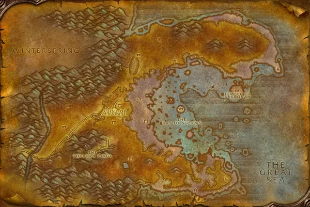 Carte de la zone « Azshara » dans le client de la bêta de WoW Forever, avec les lieux qu’elle nomme numérotés