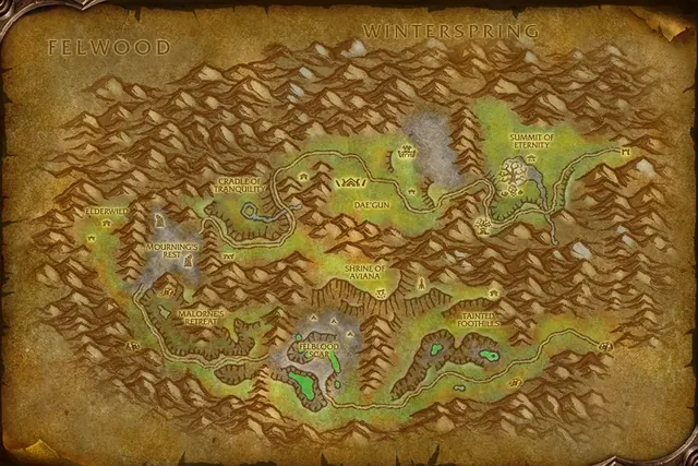 Carte de la zone « Mont Hyjal » dans le client de la bêta de WoW Forever, avec les lieux qu’elle nomme numérotés