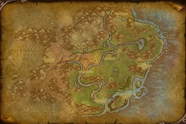 Carte de la zone « Rives Claires » dans le client de la bêta de WoW Forever, avec les lieux qu’elle nomme numérotés