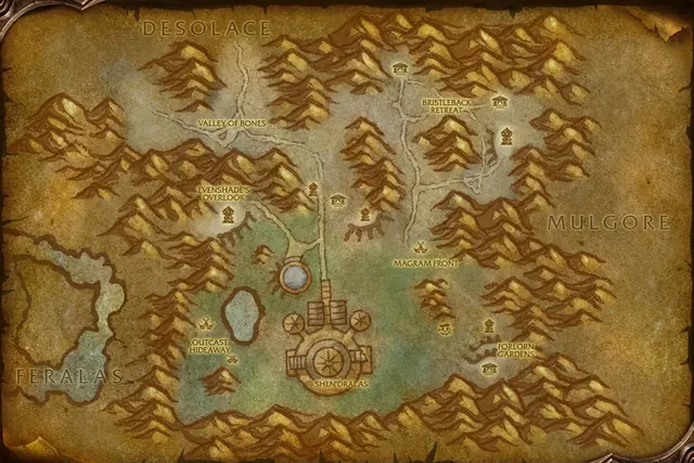 Carte de la zone « Shen’dralas » dans le client de la bêta de WoW Forever, avec les lieux qu’elle nomme numérotés