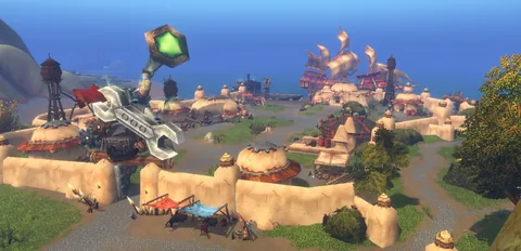 A goblin town with domed buildings, a water tower and a giant wrench sign