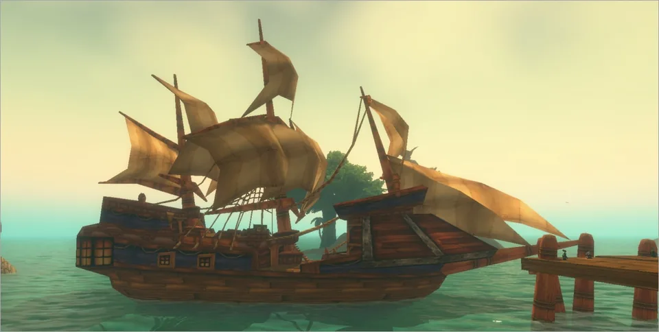 A wooden sailing ship moored at a dock on calm green water