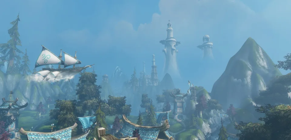 A sailing airship over misty forests, with white spires and curved rooftops, on Zephras Isle